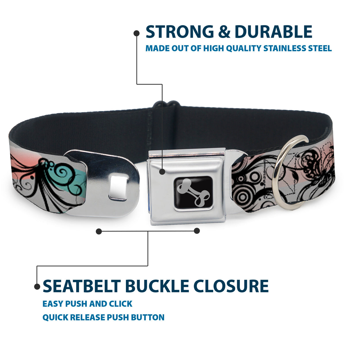 Dog Bone Seatbelt Buckle Collar - Flowers w/Filigree Pink Dog Collars Seatbelt Buckle Buckle-Down