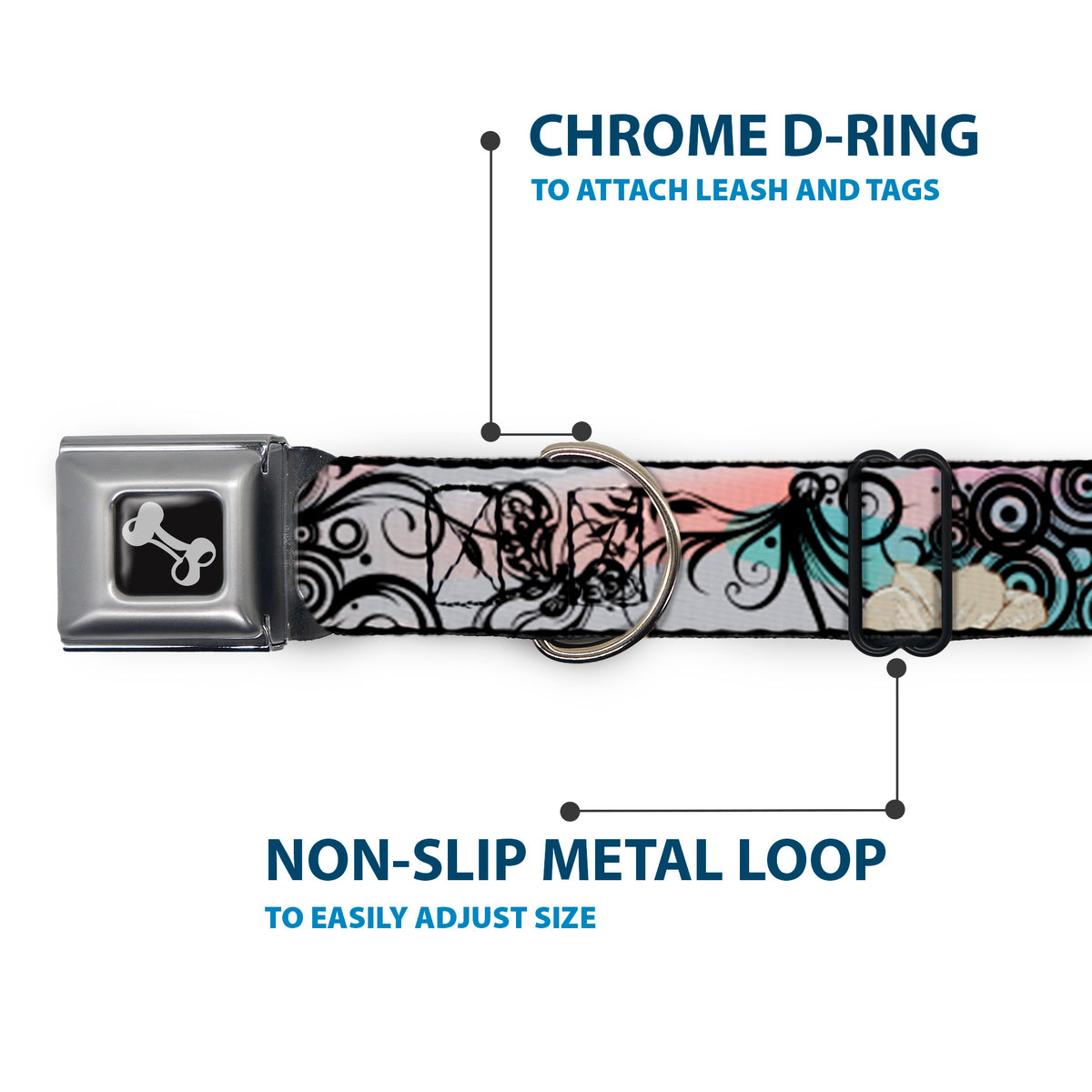 Dog Bone Seatbelt Buckle Collar - Flowers w/Filigree Pink Dog Collars Seatbelt Buckle Buckle-Down