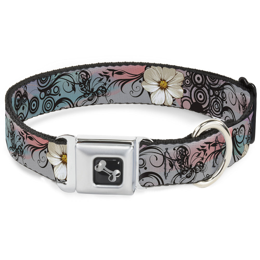 Dog Bone Seatbelt Buckle Collar - Flowers w/Filigree Pink Dog Collars Seatbelt Buckle Buckle-Down