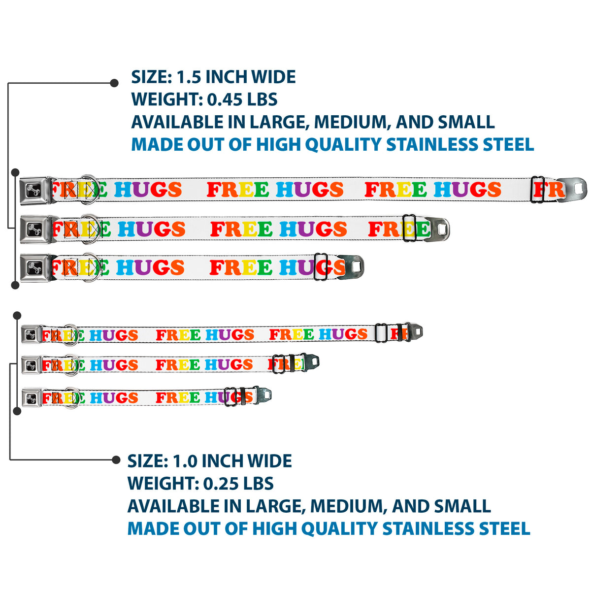 Dog Bone Seatbelt Buckle Collar - FREE HUGS White/Multi Color Dog Collars Seatbelt Buckle Buckle-Down