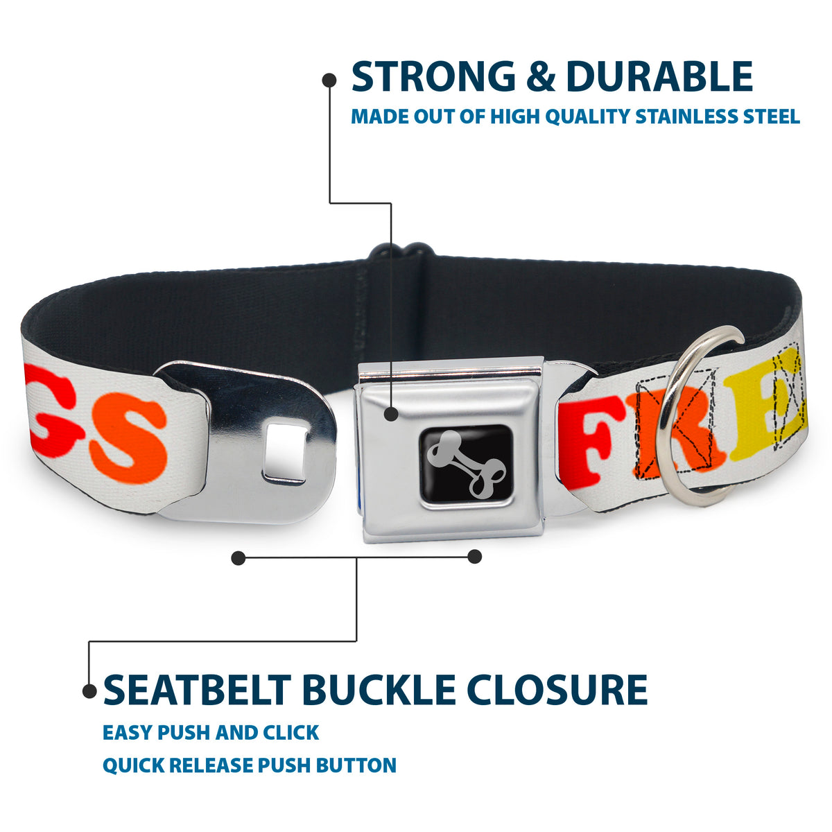 Dog Bone Seatbelt Buckle Collar - FREE HUGS White/Multi Color Dog Collars Seatbelt Buckle Buckle-Down