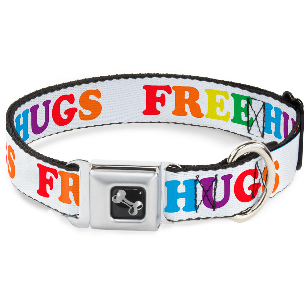 Dog Bone Seatbelt Buckle Collar - FREE HUGS White/Multi Color Dog Collars Seatbelt Buckle Buckle-Down