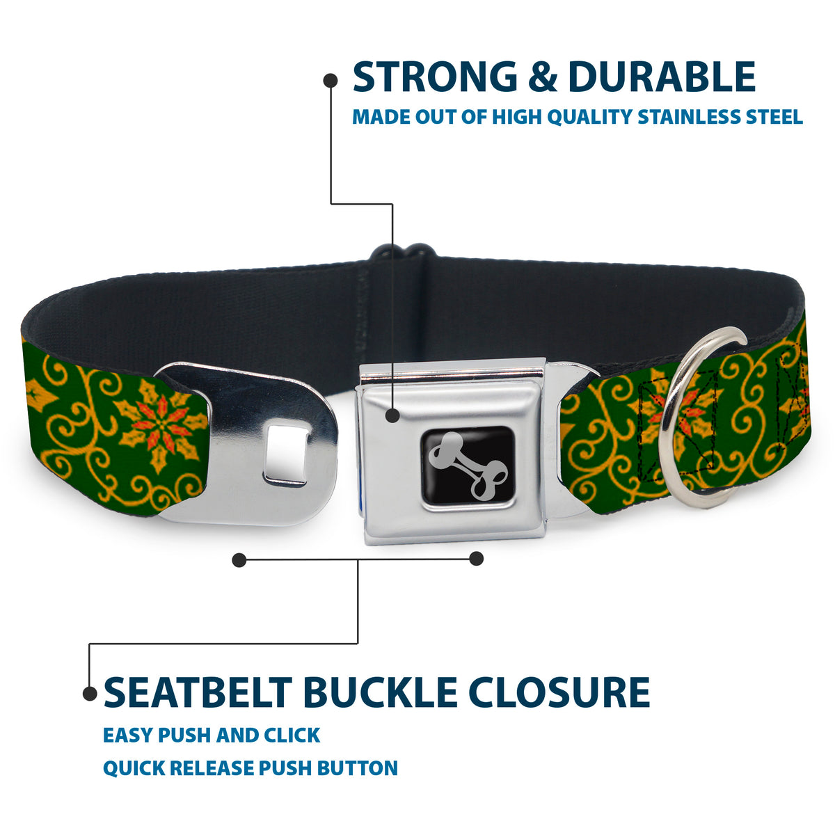 Dog Bone Seatbelt Buckle Collar - Holiday Holly Green/Gold/Red Dog Collars Seatbelt Buckle Buckle-Down