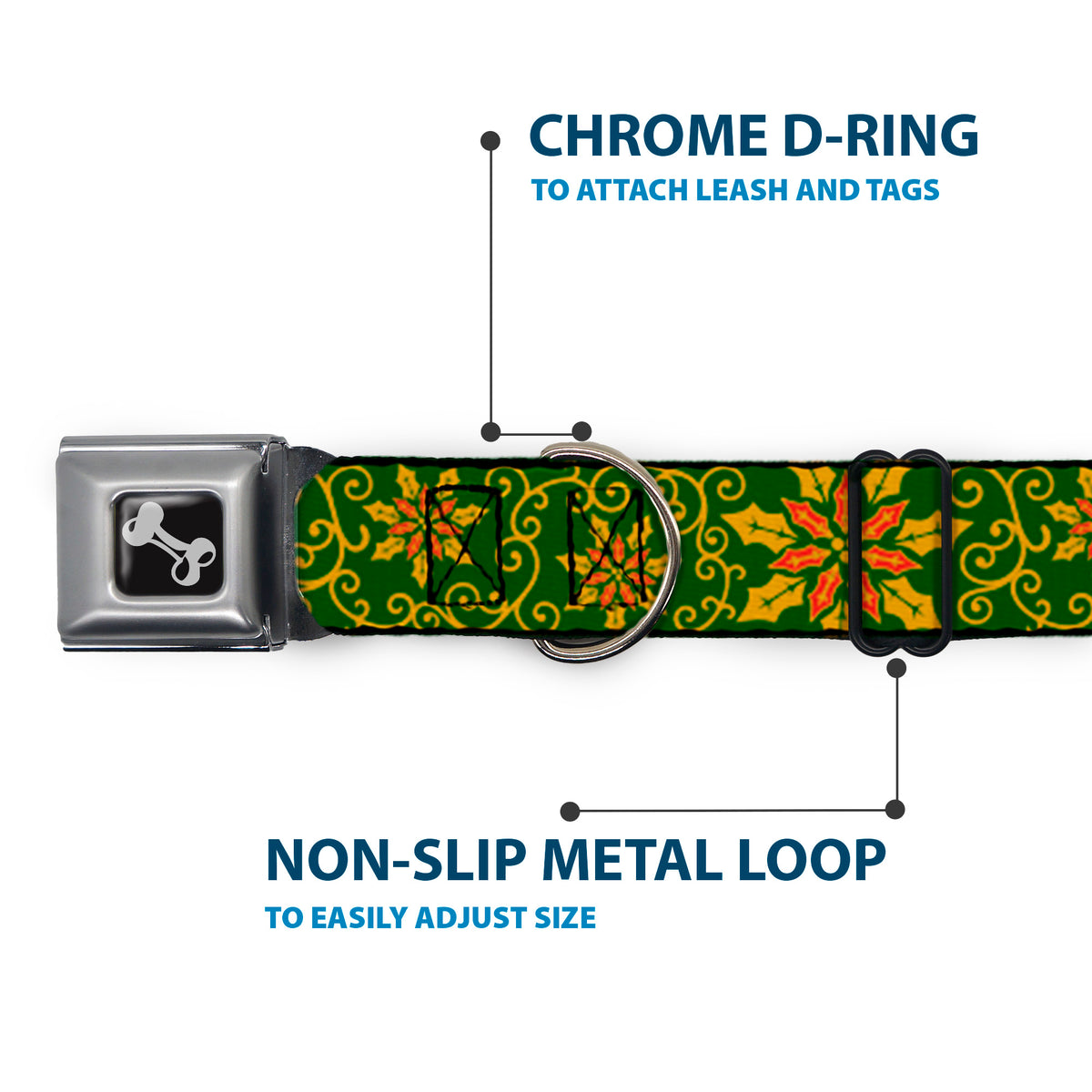 Dog Bone Seatbelt Buckle Collar - Holiday Holly Green/Gold/Red Dog Collars Seatbelt Buckle Buckle-Down