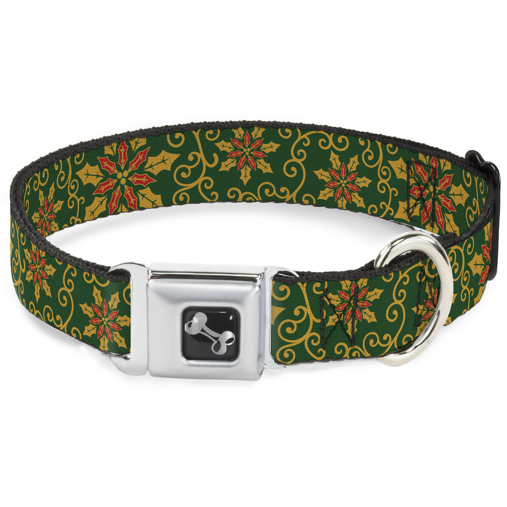 Dog Bone Seatbelt Buckle Collar - Holiday Holly Green/Gold/Red Dog Collars Seatbelt Buckle Buckle-Down