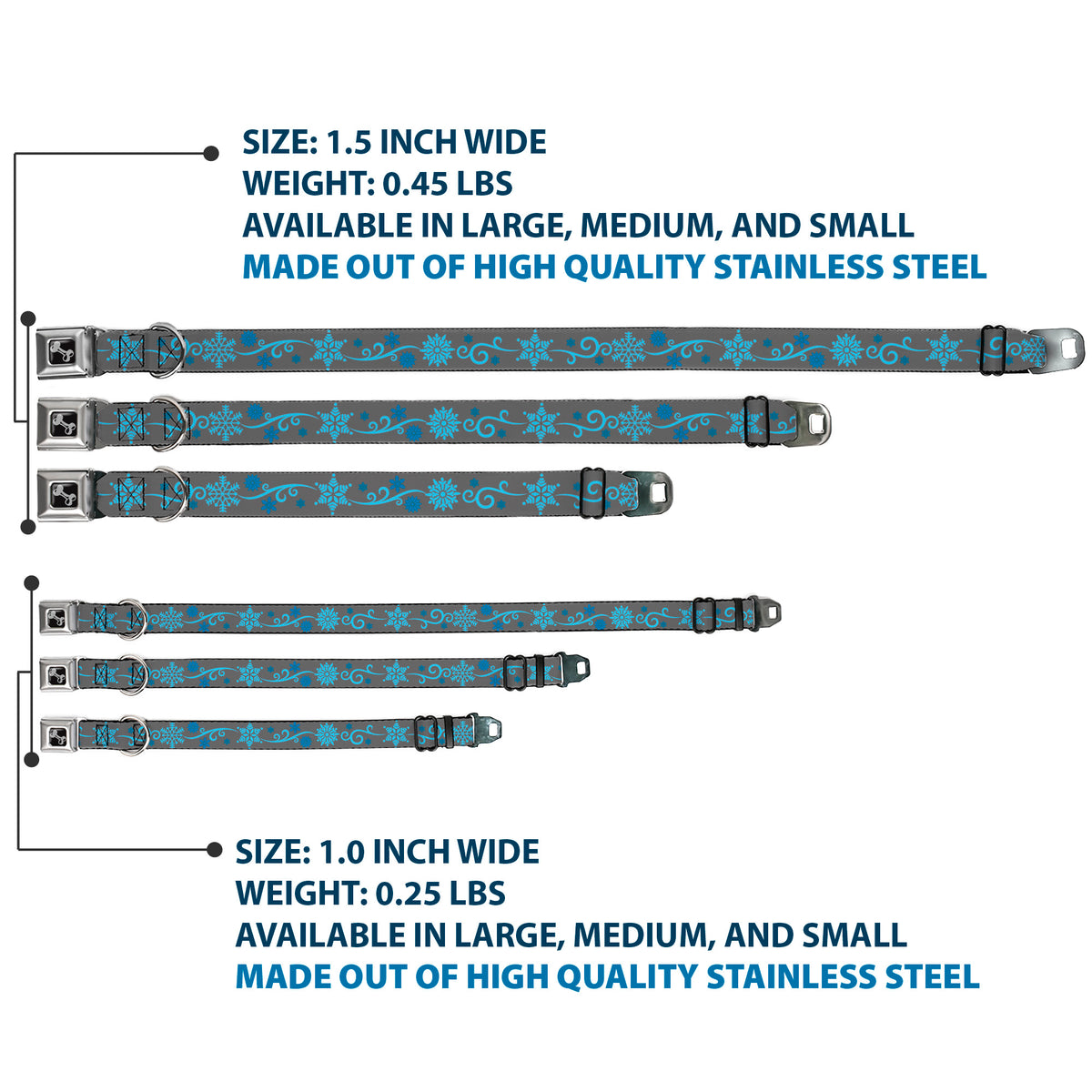 Dog Bone Seatbelt Buckle Collar - Holiday Snowflakes Gray/Blue Dog Collars Seatbelt Buckle Buckle-Down
