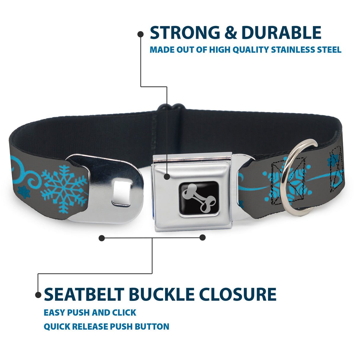 Dog Bone Seatbelt Buckle Collar - Holiday Snowflakes Gray/Blue Dog Collars Seatbelt Buckle Buckle-Down