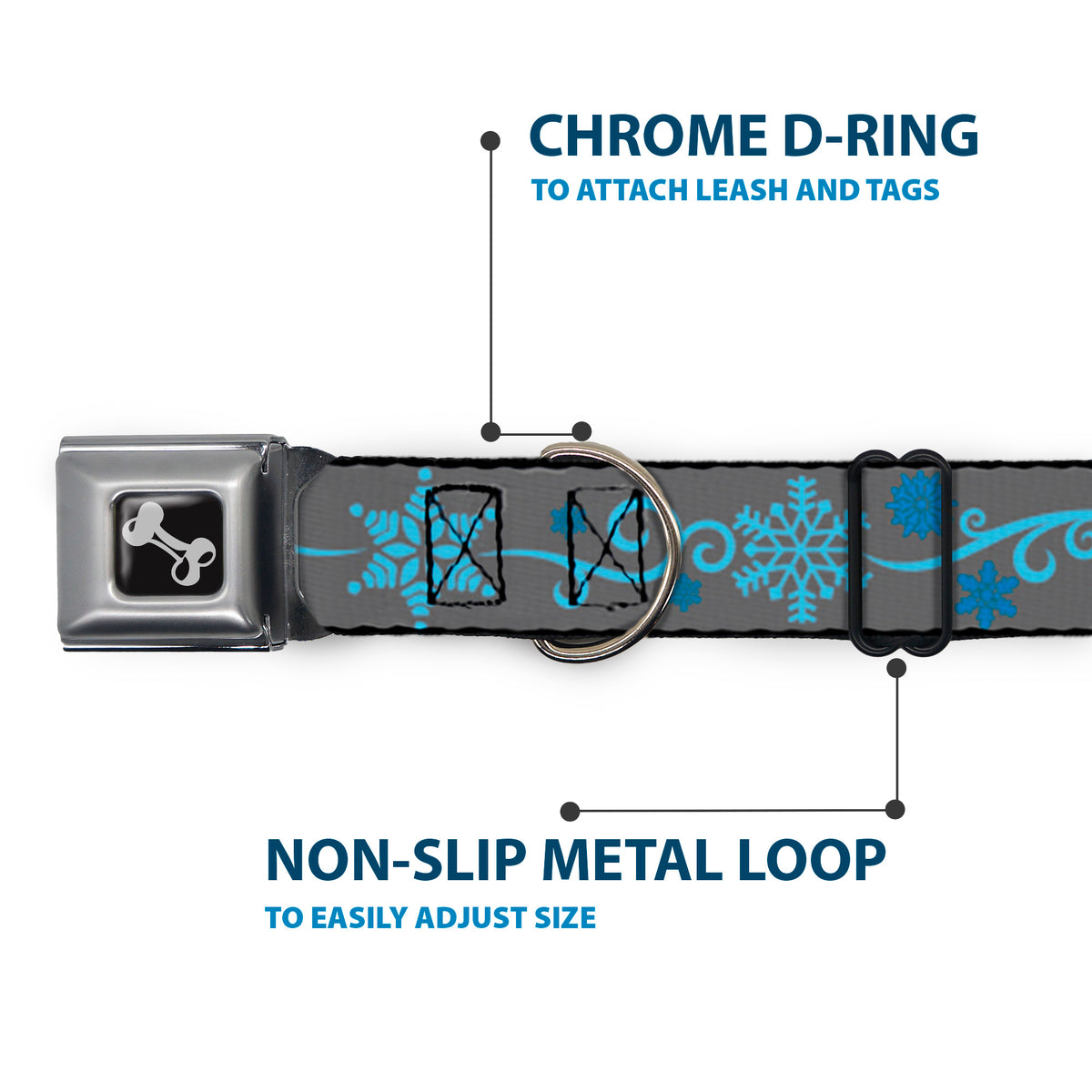Dog Bone Seatbelt Buckle Collar - Holiday Snowflakes Gray/Blue Dog Collars Seatbelt Buckle Buckle-Down