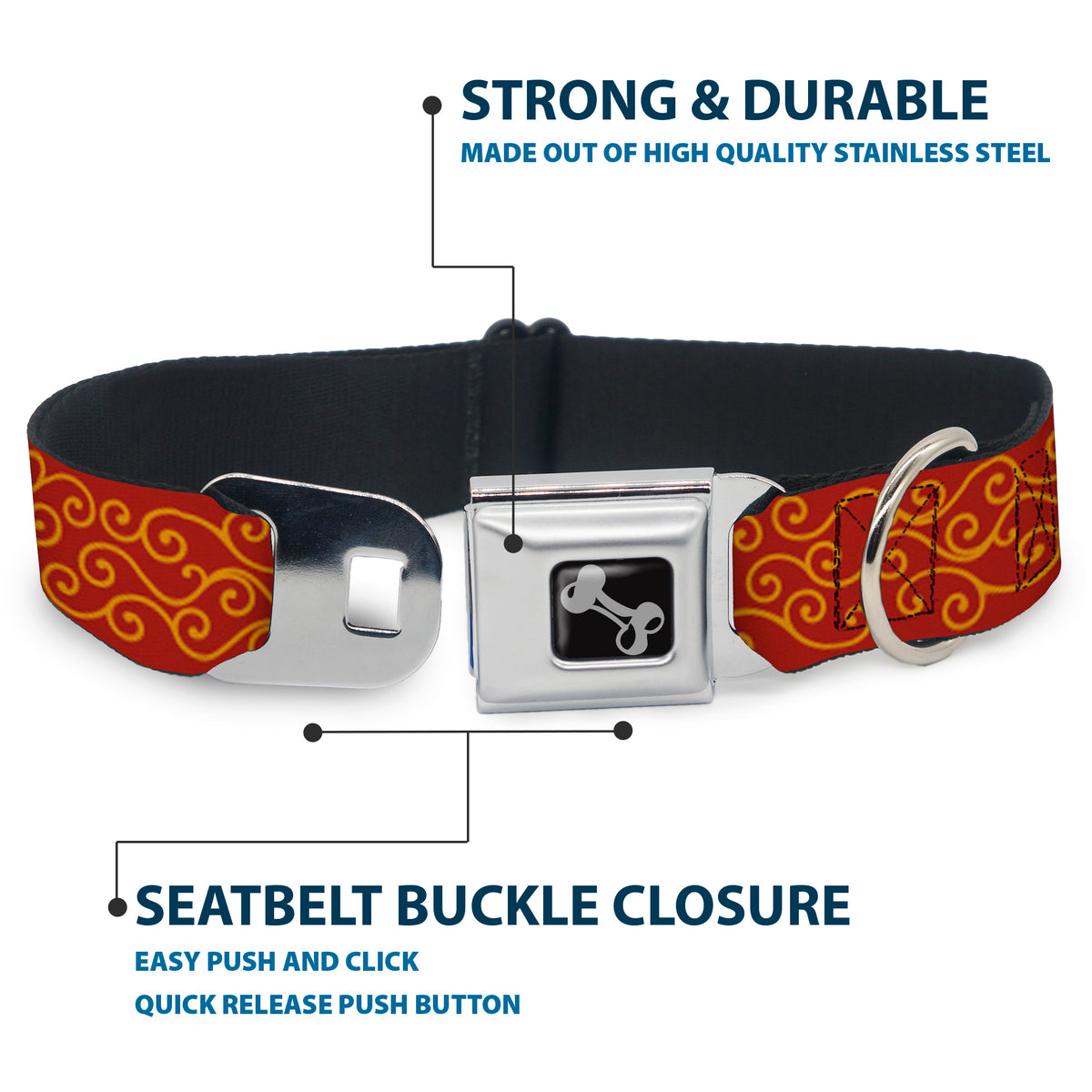 Dog Bone Seatbelt Buckle Collar - Holiday Trim Swirls Red/Gold Dog Collars Seatbelt Buckle Buckle-Down
