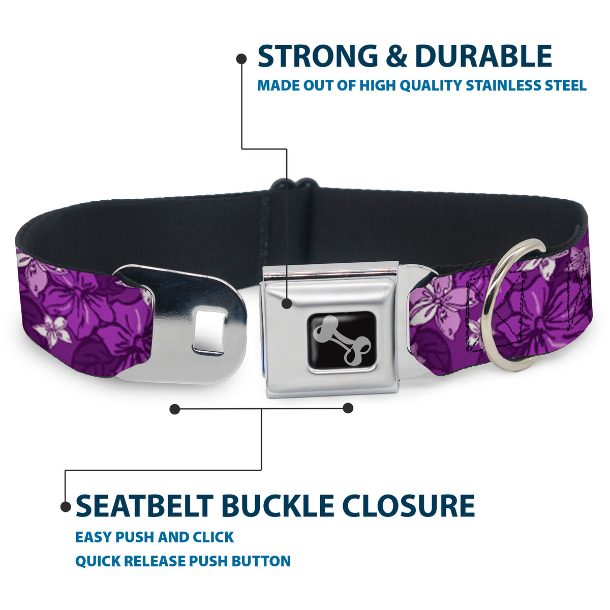 Dog Bone Seatbelt Buckle Collar - Hibiscus Collage Purple Shades Dog Collars Seatbelt Buckle Buckle-Down