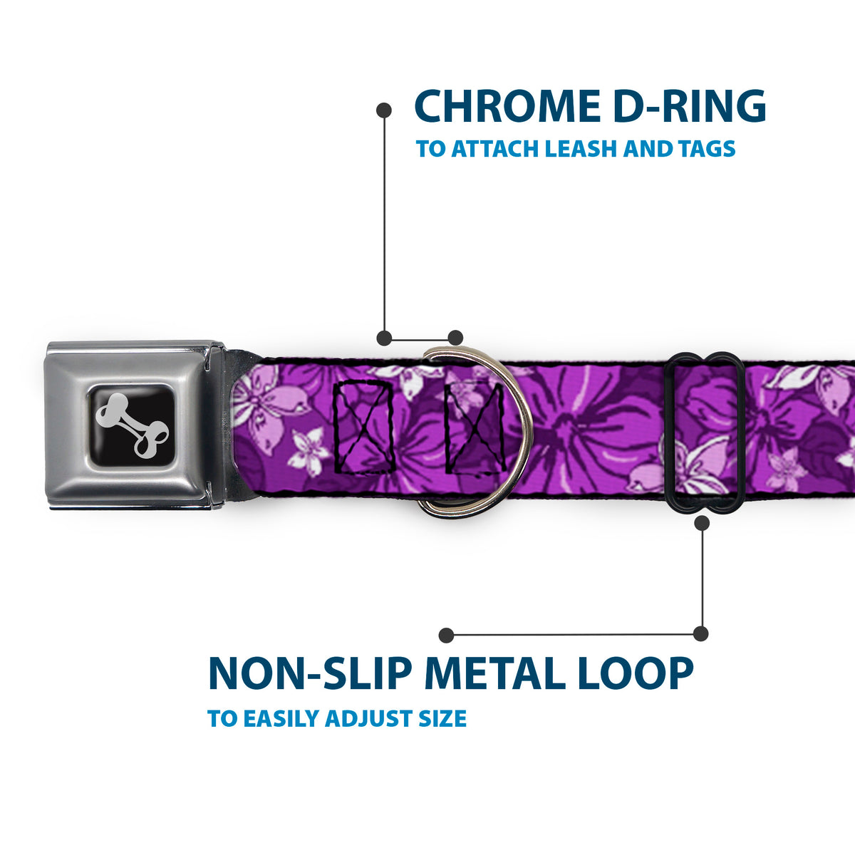 Dog Bone Seatbelt Buckle Collar - Hibiscus Collage Purple Shades Dog Collars Seatbelt Buckle Buckle-Down