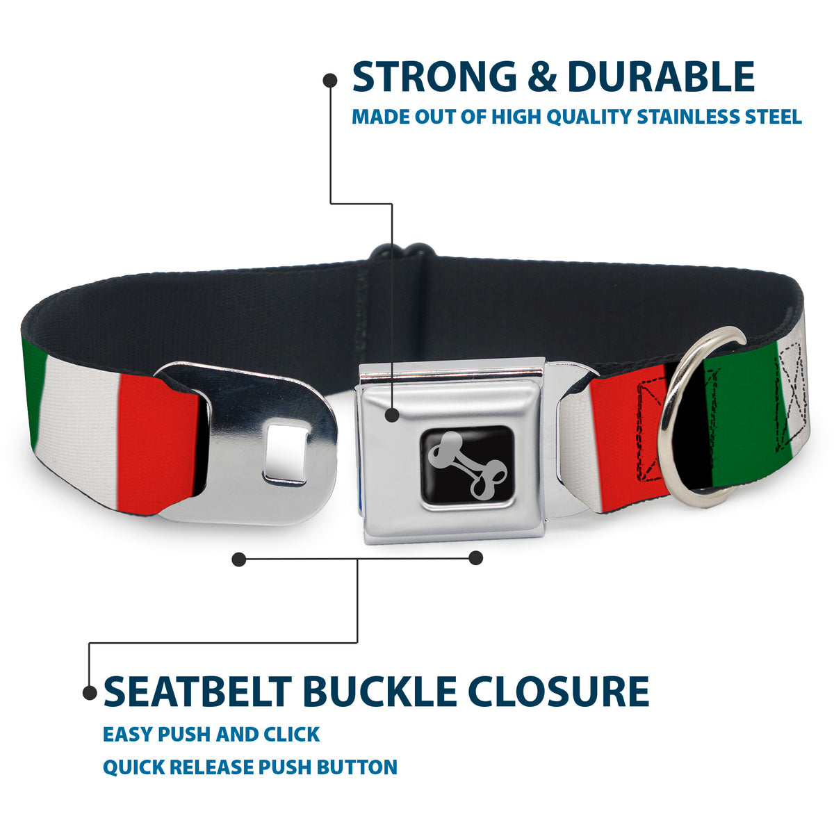 Dog Bone Seatbelt Buckle Collar - Italy Flags Dog Collars Seatbelt Buckle Buckle-Down