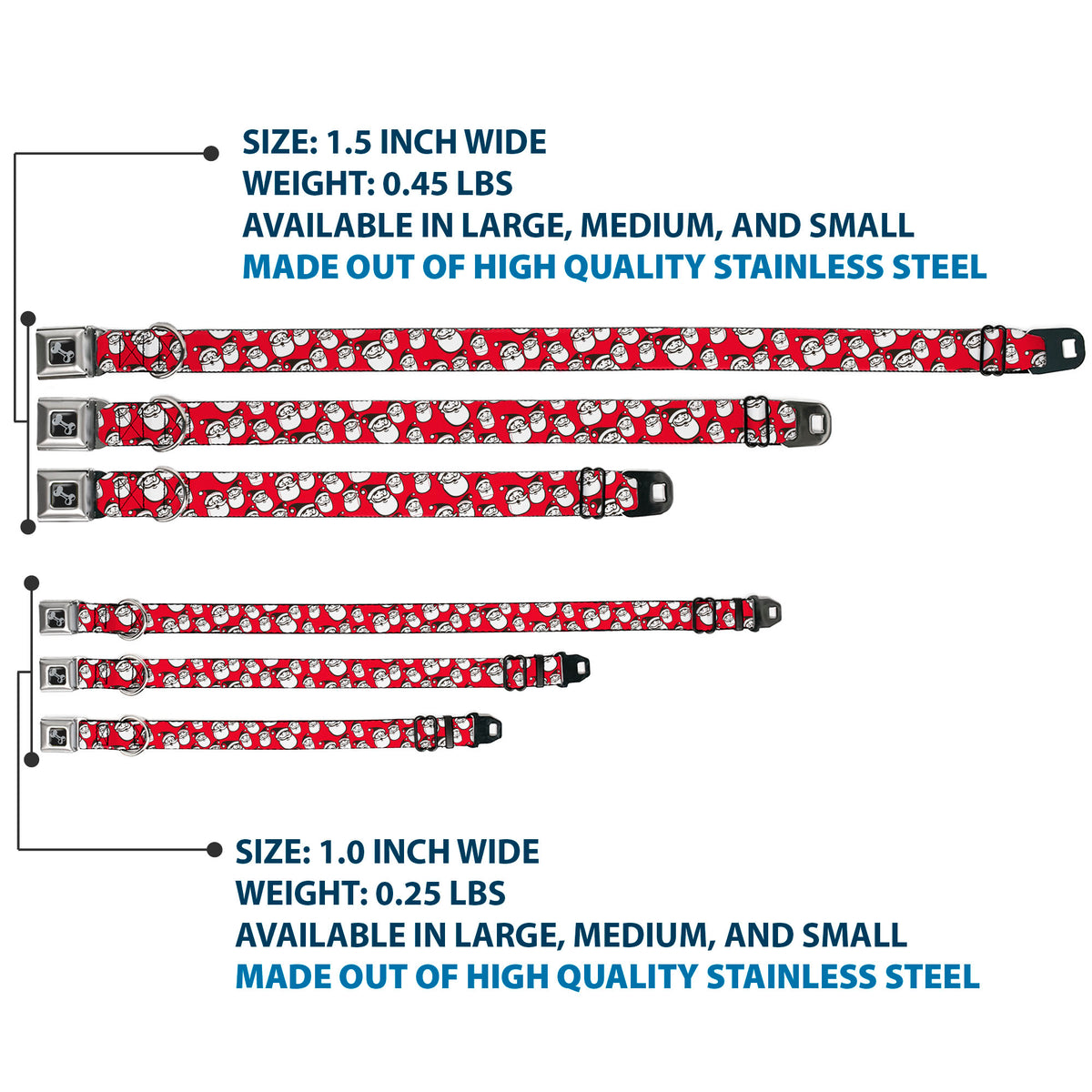 Dog Bone Black/Silver Seatbelt Buckle Collar - Jolly Santa Claus Christmas Smiling Face Icon Red Dog Collars Seatbelt Buckle Buckle-Down