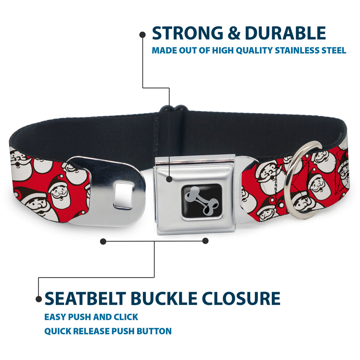 Dog Bone Black/Silver Seatbelt Buckle Collar - Jolly Santa Claus Christmas Smiling Face Icon Red Dog Collars Seatbelt Buckle Buckle-Down