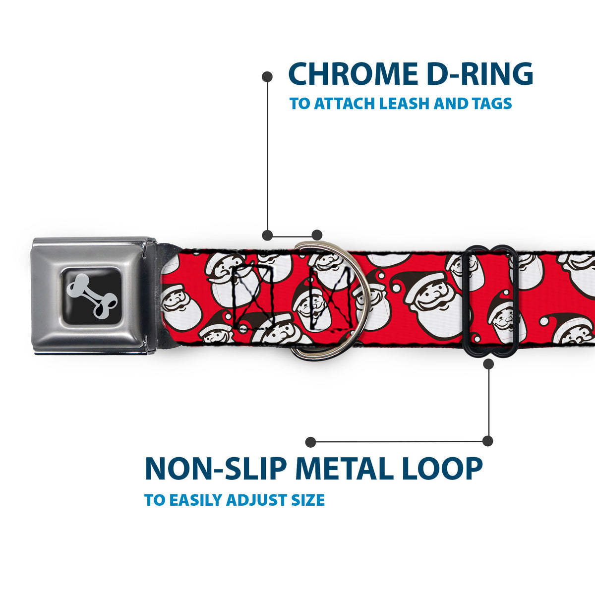 Dog Bone Black/Silver Seatbelt Buckle Collar - Jolly Santa Claus Christmas Smiling Face Icon Red Dog Collars Seatbelt Buckle Buckle-Down