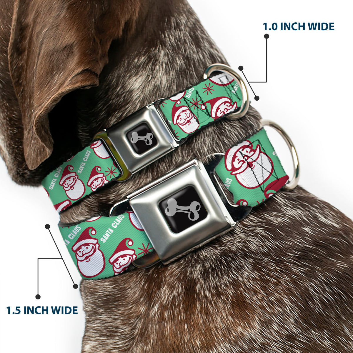 Dog Bone Black/Silver Seatbelt Buckle Collar - Jolly SANTA CLAUS Christmas Smiling Face Icon and Text Green/Red/White Dog Collars Seatbelt Buckle Buckle-Down