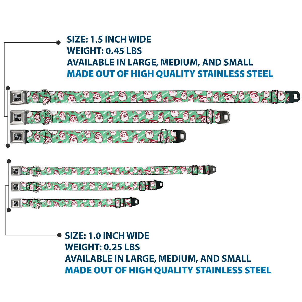 Dog Bone Black/Silver Seatbelt Buckle Collar - Jolly SANTA CLAUS Christmas Smiling Face Icon and Text Green/Red/White Dog Collars Seatbelt Buckle Buckle-Down