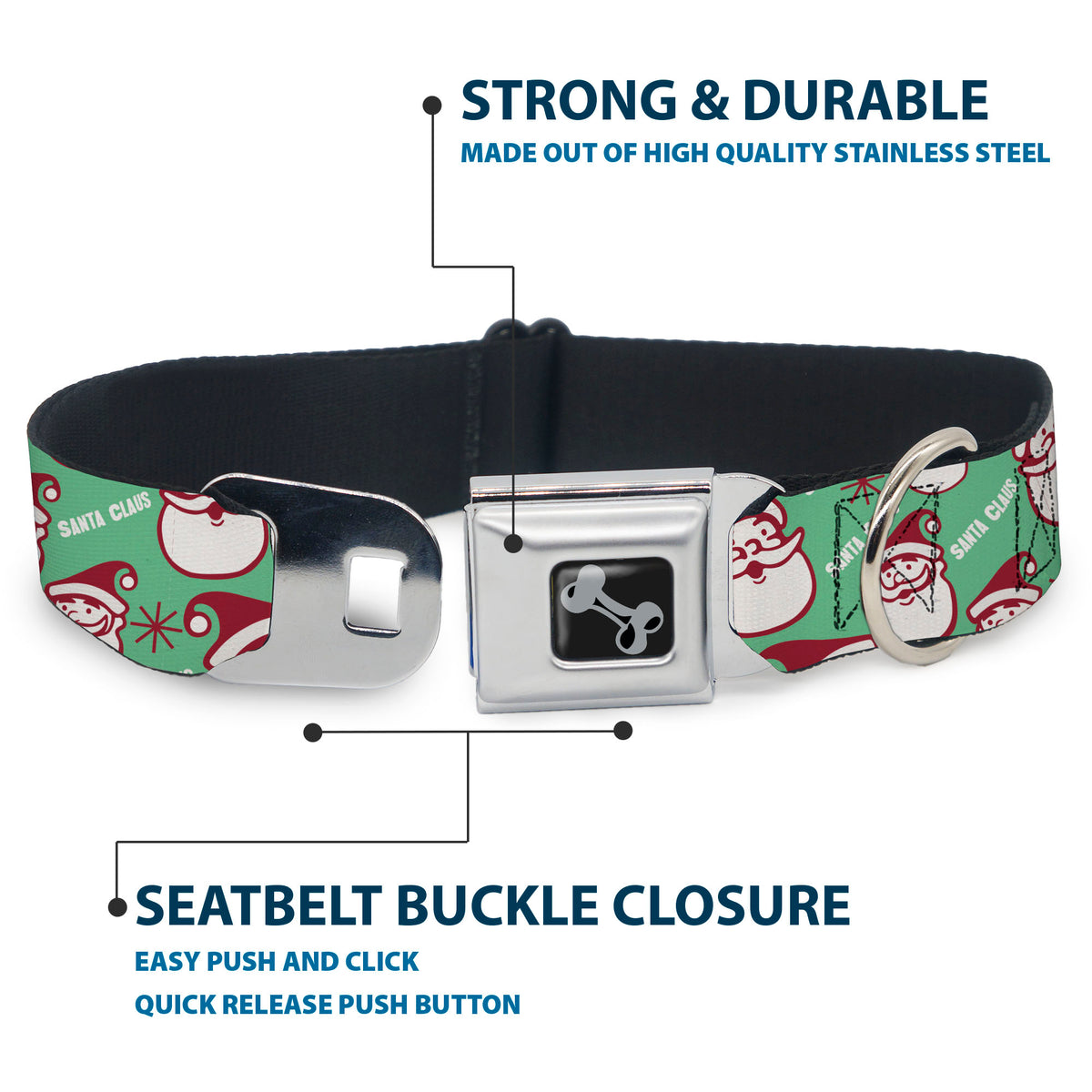 Dog Bone Black/Silver Seatbelt Buckle Collar - Jolly SANTA CLAUS Christmas Smiling Face Icon and Text Green/Red/White Dog Collars Seatbelt Buckle Buckle-Down
