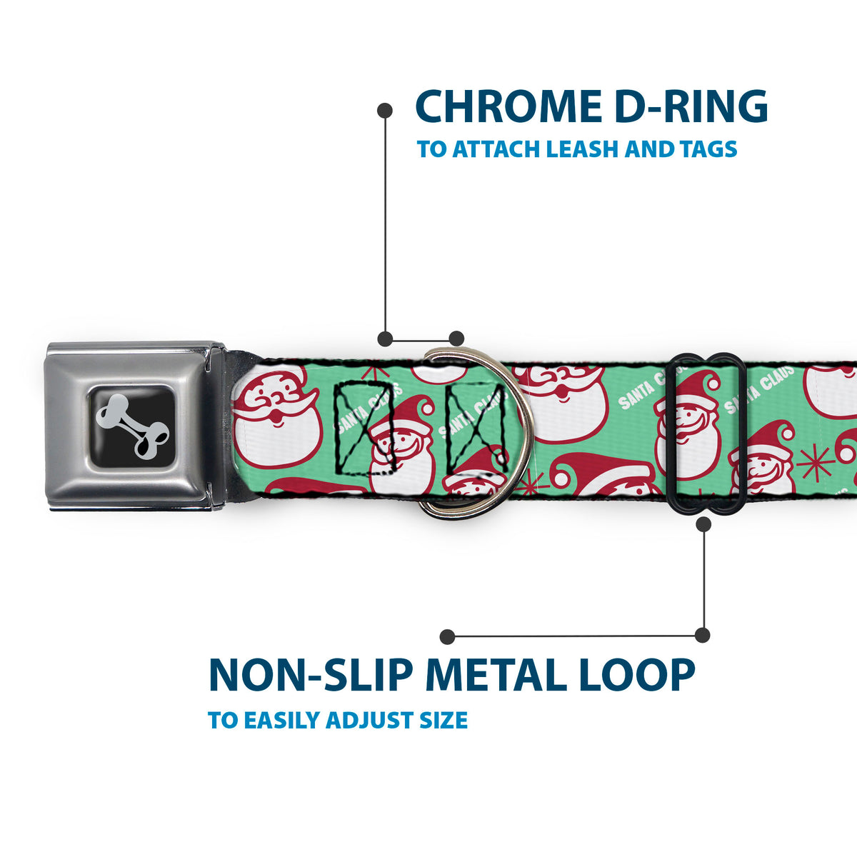 Dog Bone Black/Silver Seatbelt Buckle Collar - Jolly SANTA CLAUS Christmas Smiling Face Icon and Text Green/Red/White Dog Collars Seatbelt Buckle Buckle-Down
