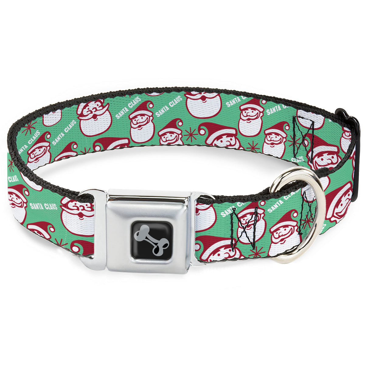 Dog Bone Black/Silver Seatbelt Buckle Collar - Jolly SANTA CLAUS Christmas Smiling Face Icon and Text Green/Red/White Dog Collars Seatbelt Buckle Buckle-Down