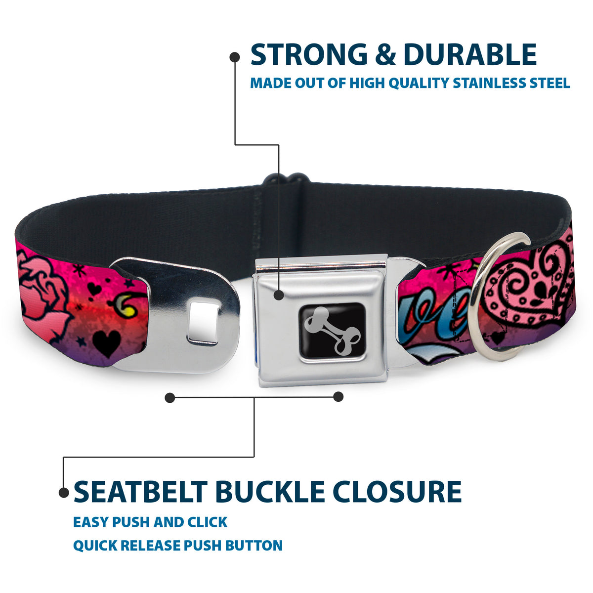 Dog Bone Seatbelt Buckle Collar - Love Love Pink Dog Collars Seatbelt Buckle Buckle-Down