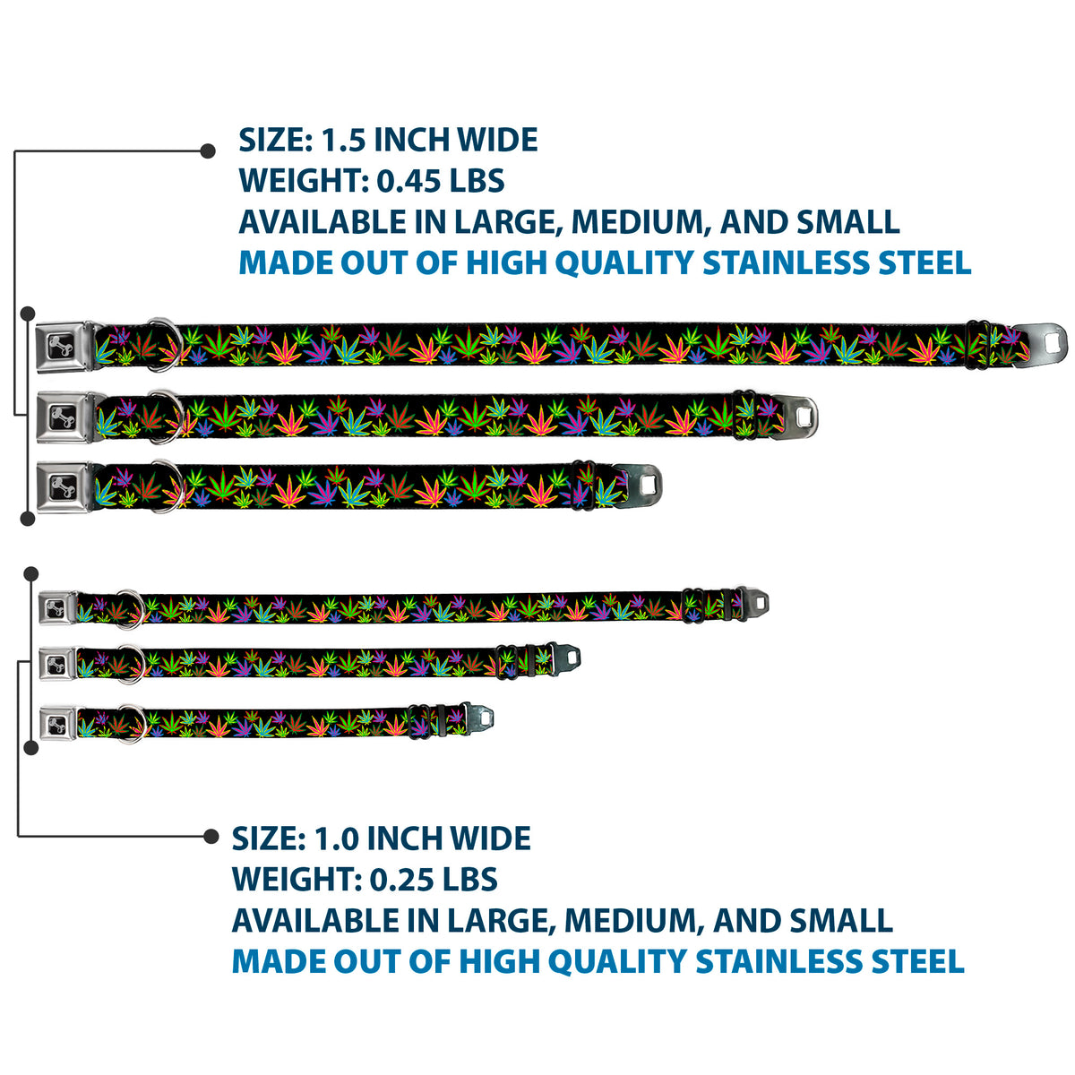 Buckle-Down Seatbelt Buckle Dog Collar - Multi Marijuana Leaves Black/Multi Color Dog Collars Seatbelt Buckle Buckle-Down