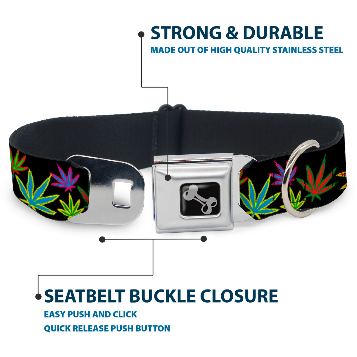 Buckle-Down Seatbelt Buckle Dog Collar - Multi Marijuana Leaves Black/Multi Color Dog Collars Seatbelt Buckle Buckle-Down