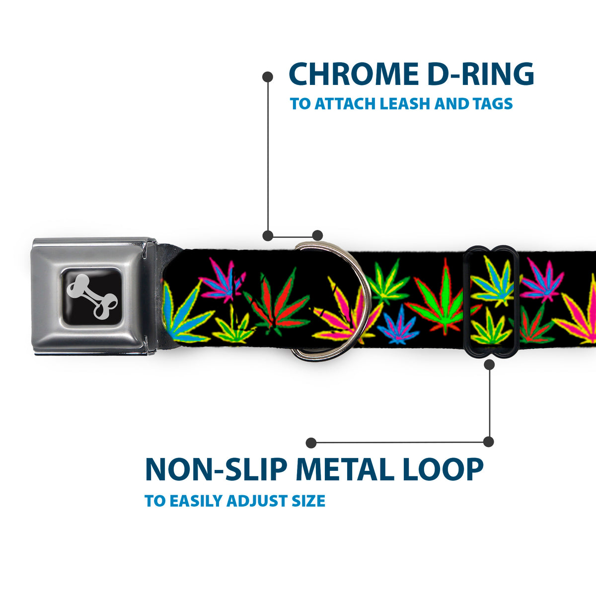 Buckle-Down Seatbelt Buckle Dog Collar - Multi Marijuana Leaves Black/Multi Color Dog Collars Seatbelt Buckle Buckle-Down