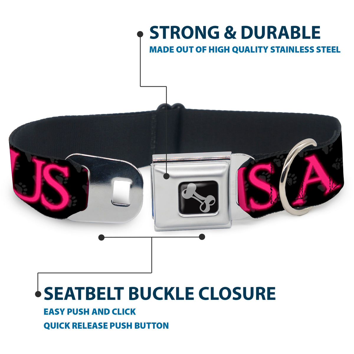 Buckle-Down Seatbelt Buckle Dog Collar - ONE OF US IS A BITCH Crown/Paws Black/Gray/Pink Dog Collars Seatbelt Buckle Buckle-Down