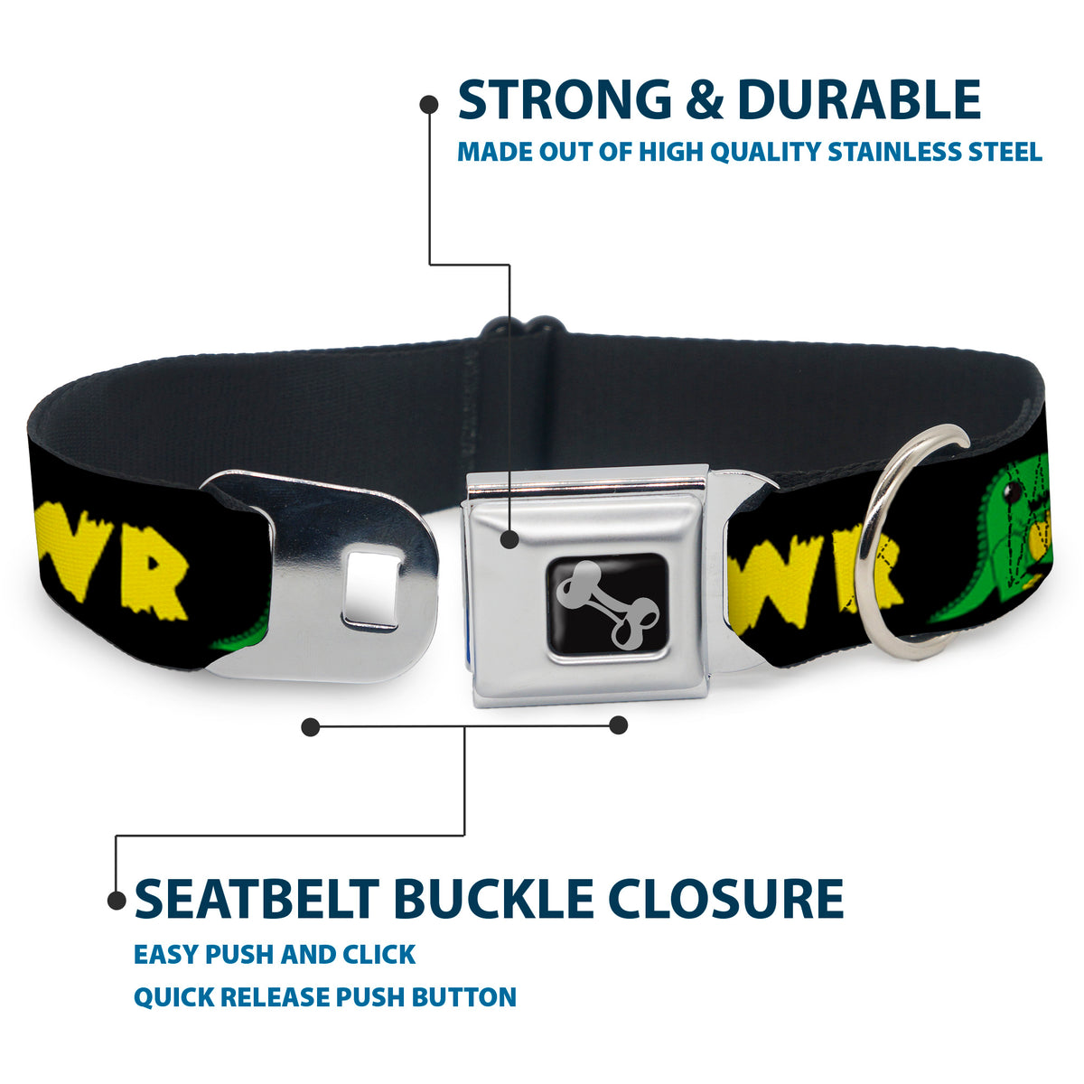 Dog Bone Seatbelt Buckle Collar - RRRAWR Dinosaur Black/Green/Yellow Dog Collars Seatbelt Buckle Buckle-Down