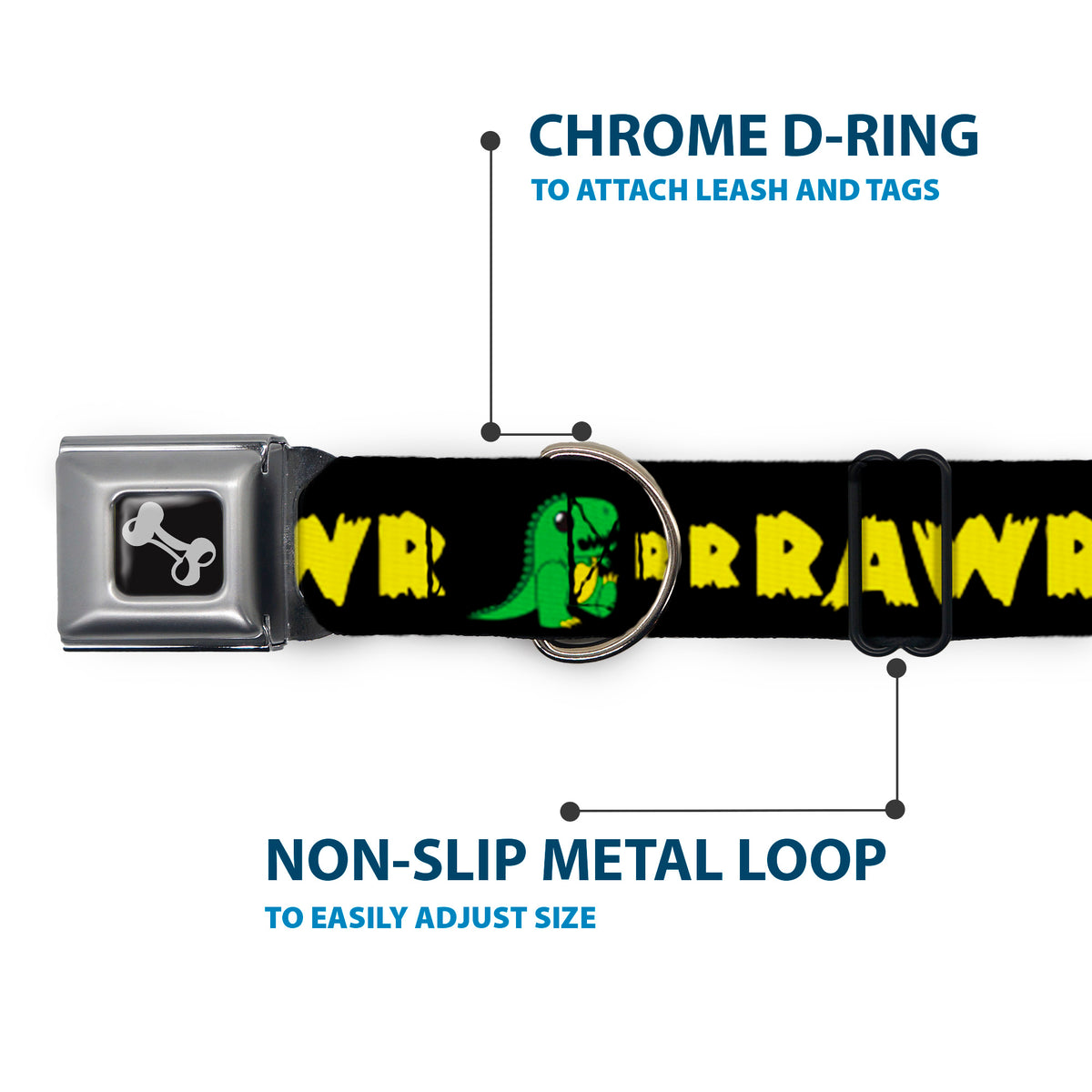 Dog Bone Seatbelt Buckle Collar - RRRAWR Dinosaur Black/Green/Yellow Dog Collars Seatbelt Buckle Buckle-Down