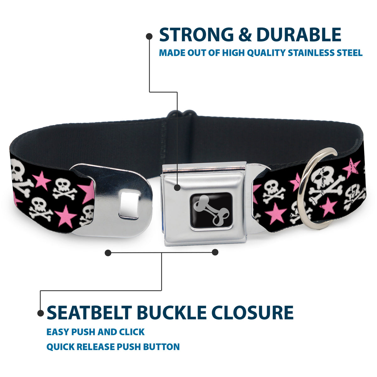 Dog Bone Seatbelt Buckle Collar - Skulls & Stars Black/White/Pink Dog Collars Seatbelt Buckle Buckle-Down