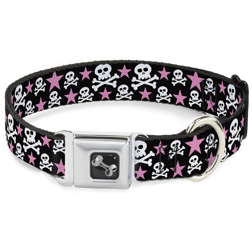 Dog Bone Seatbelt Buckle Collar - Skulls & Stars Black/White/Pink Dog Collars Seatbelt Buckle Buckle-Down