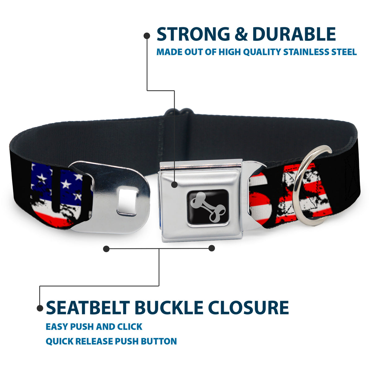 Dog Bone Seatbelt Buckle Collar - USA w/Star Black/US Flags Dog Collars Seatbelt Buckle Buckle-Down
