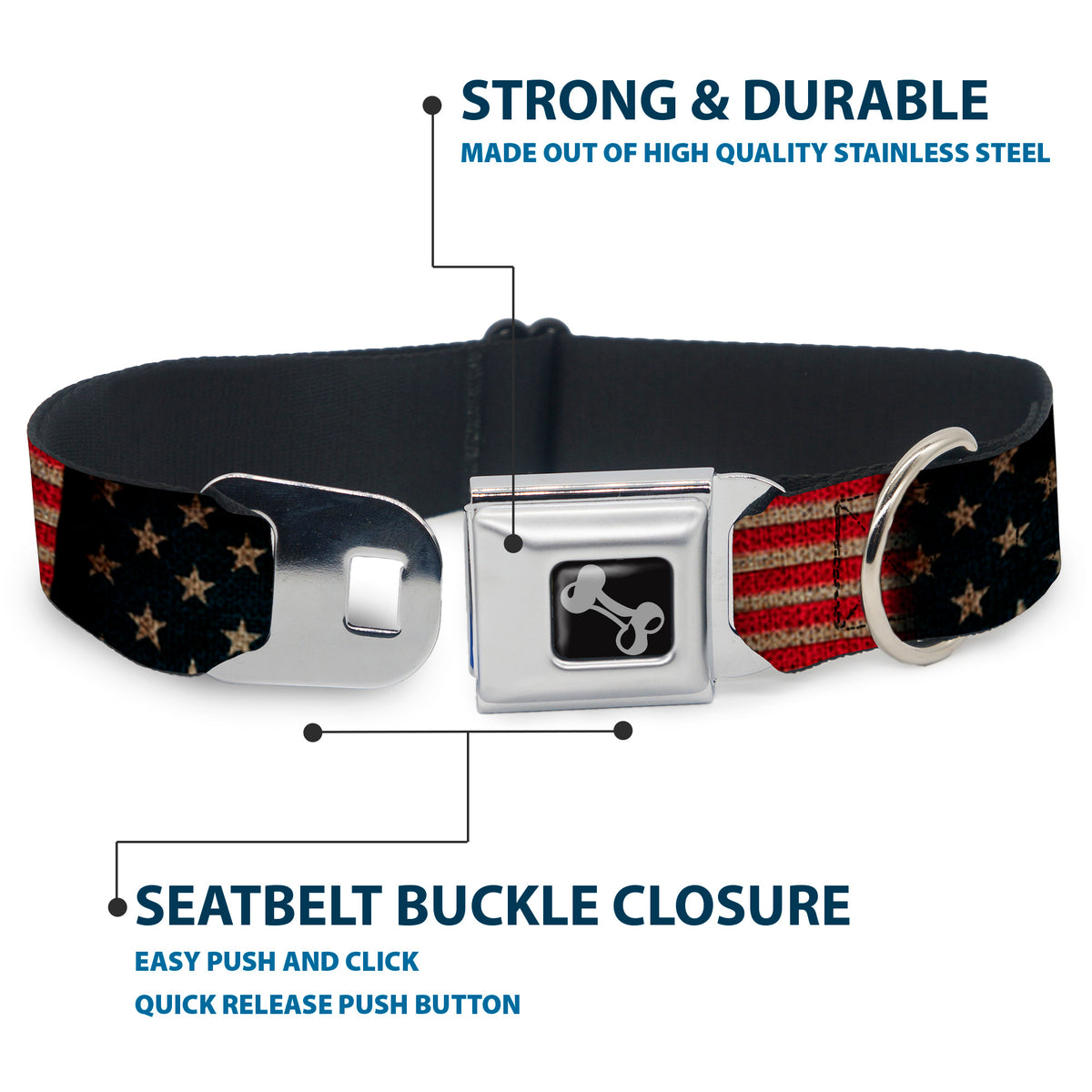 Dog Bone Seatbelt Buckle Collar - Vintage US Flag Stretch Dog Collars Seatbelt Buckle Buckle-Down