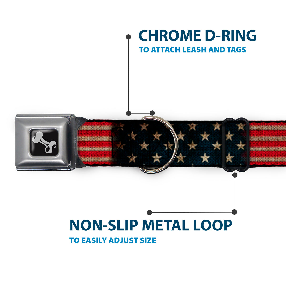 Dog Bone Seatbelt Buckle Collar - Vintage US Flag Stretch Dog Collars Seatbelt Buckle Buckle-Down