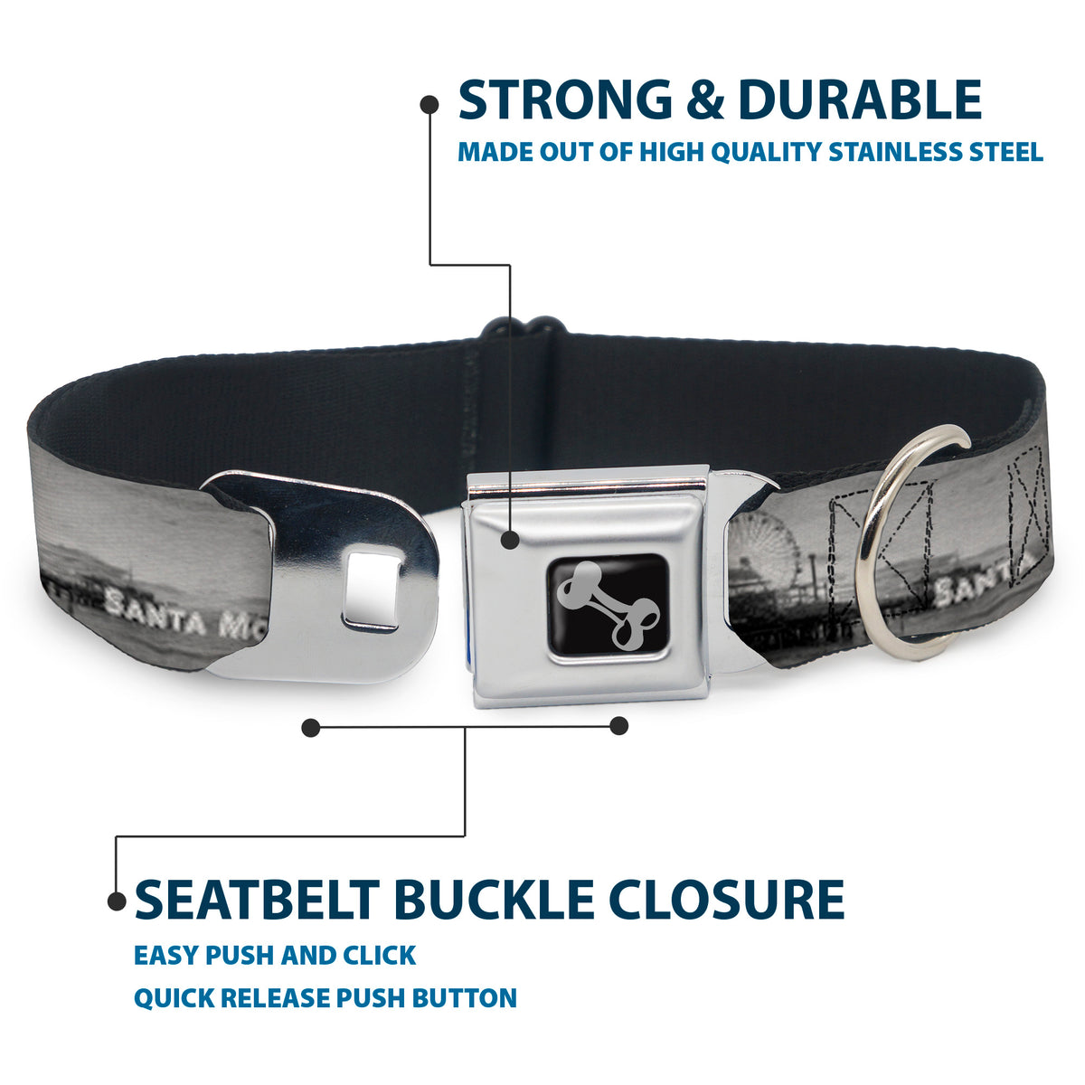 Dog Bone Seatbelt Buckle Collar - Vivid SANTA MONICA Pier Skyline Grays/White Dog Collars Seatbelt Buckle Buckle-Down