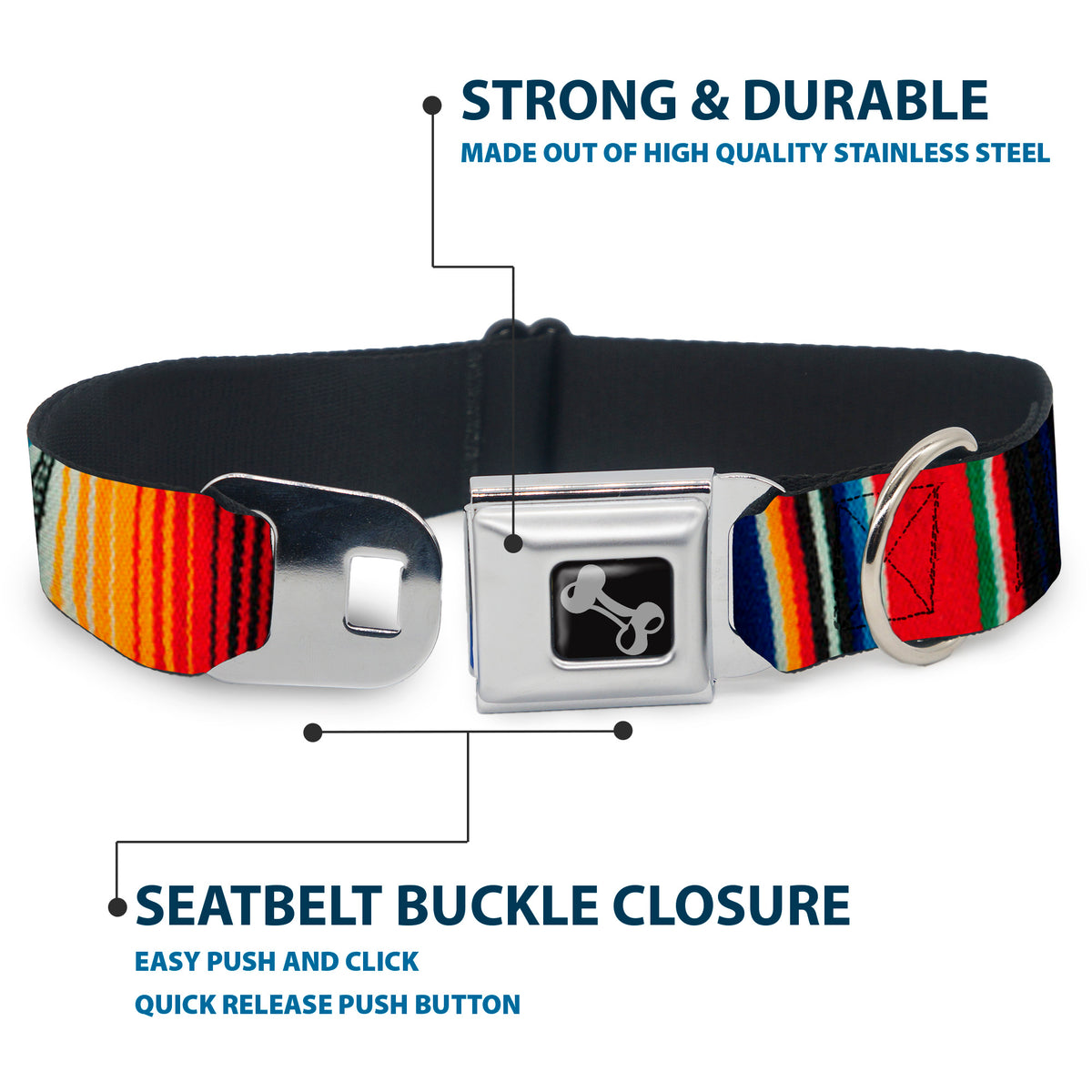 Dog Bone Seatbelt Buckle Collar - Zarape2 Vertical Multi Color Stripe Dog Collars Seatbelt Buckle Buckle-Down