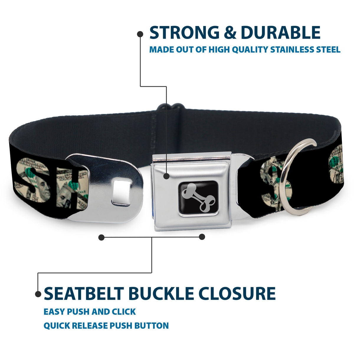 Dog Bone Seatbelt Buckle Collar - CASH MONEY $ Black/Dollars Dog Collars Seatbelt Buckle Buckle-Down