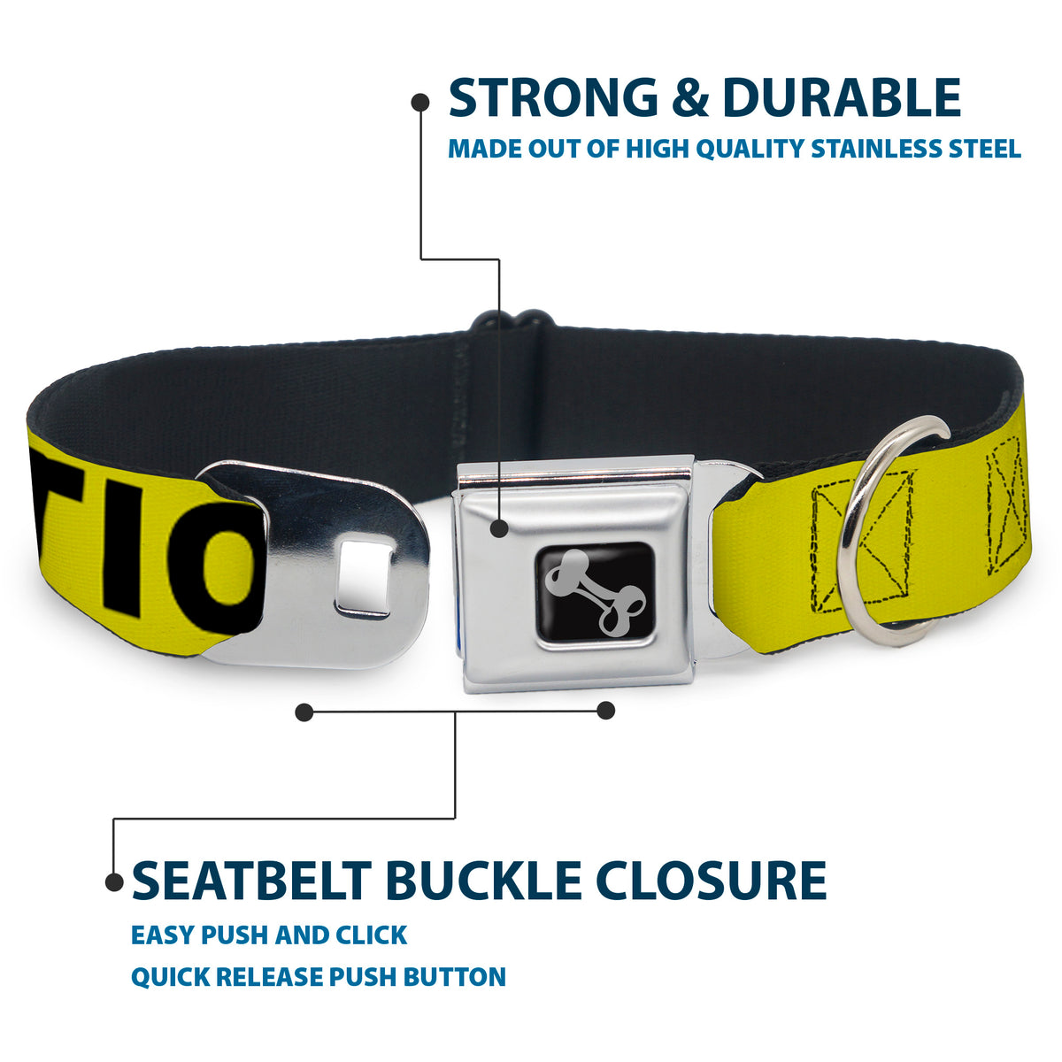 Dog Bone Seatbelt Buckle Collar - CAUTION Yellow/Black Dog Collars Seatbelt Buckle Buckle-Down