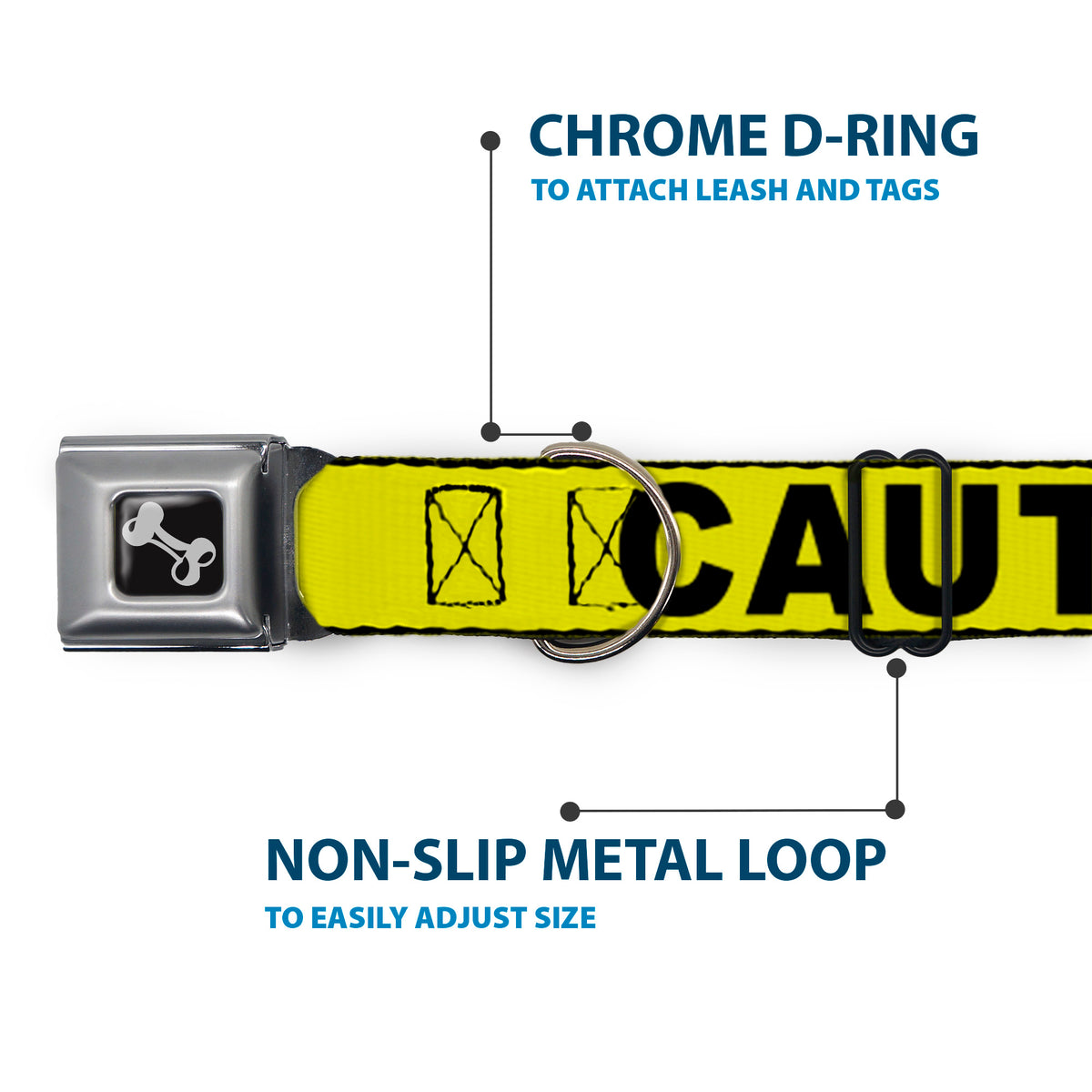 Dog Bone Seatbelt Buckle Collar - CAUTION Yellow/Black Dog Collars Seatbelt Buckle Buckle-Down