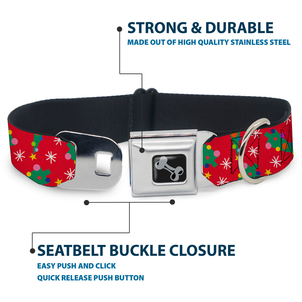 Dog Bone Black/Silver Seatbelt Buckle Collar - Festive Holiday Christmas Trees Scattered Red/Multi Color Dog Collars Seatbelt Buckle Buckle-Down