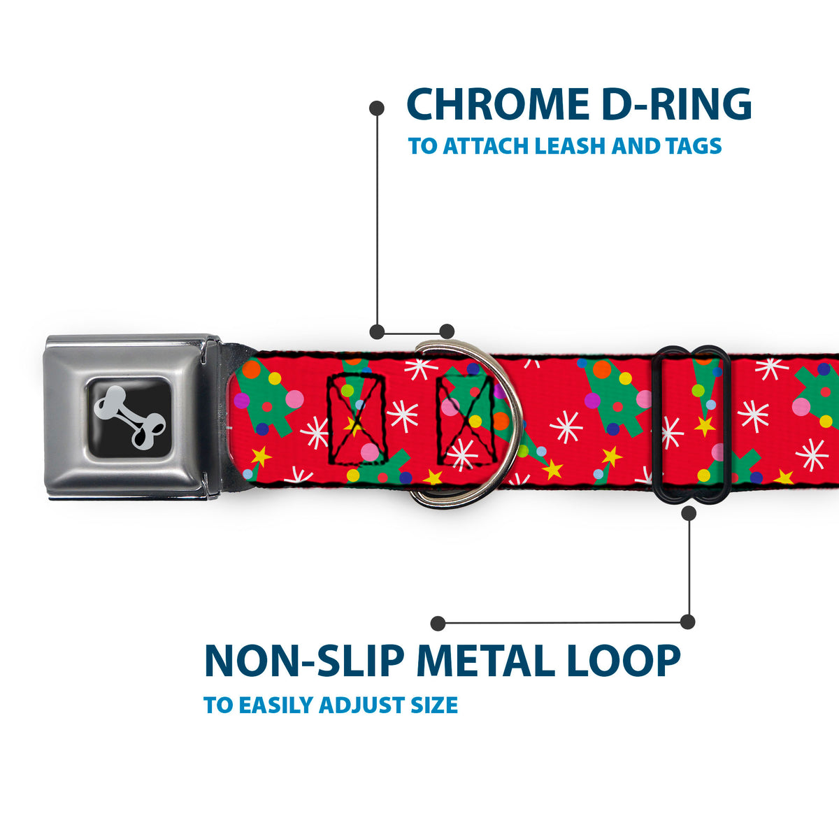 Dog Bone Black/Silver Seatbelt Buckle Collar - Festive Holiday Christmas Trees Scattered Red/Multi Color Dog Collars Seatbelt Buckle Buckle-Down
