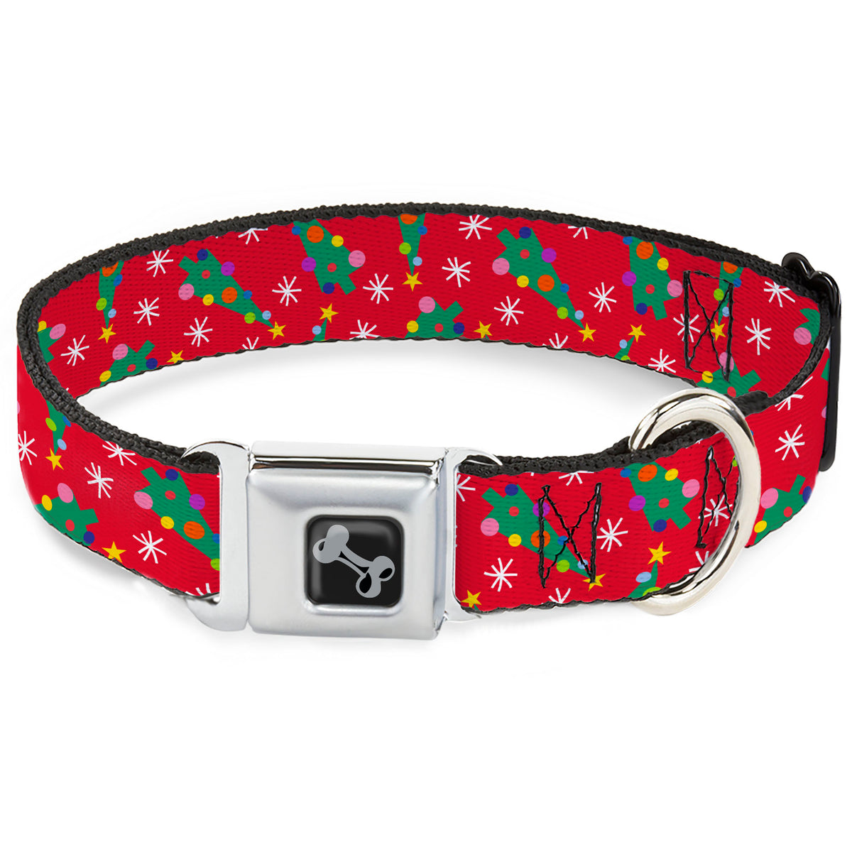 Dog Bone Black/Silver Seatbelt Buckle Collar - Festive Holiday Christmas Trees Scattered Red/Multi Color Dog Collars Seatbelt Buckle Buckle-Down