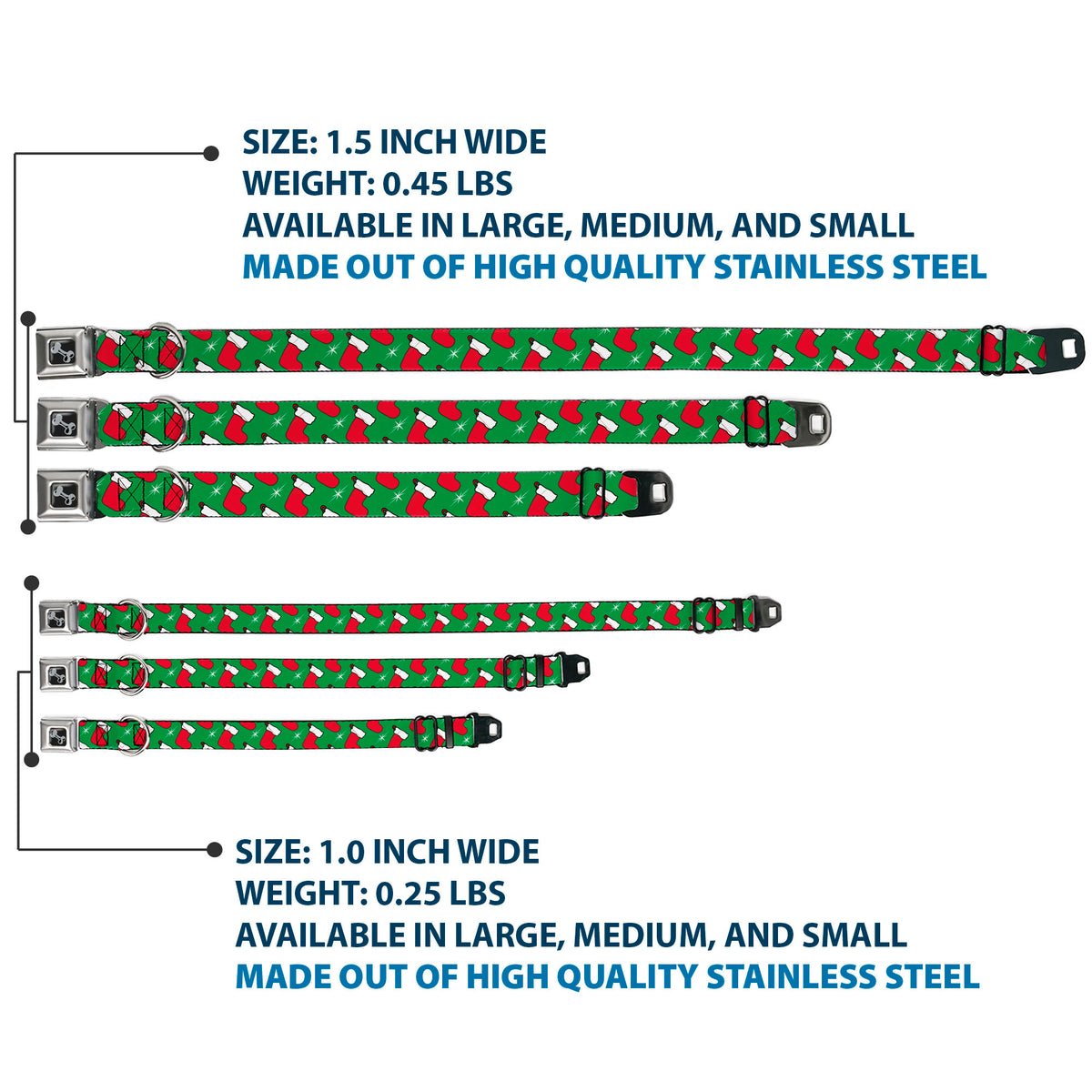 Dog Bone Black/Silver Seatbelt Buckle Collar - Holiday Christmas Stocking and Star Green/WhiteRed Dog Collars Seatbelt Buckle Buckle-Down
