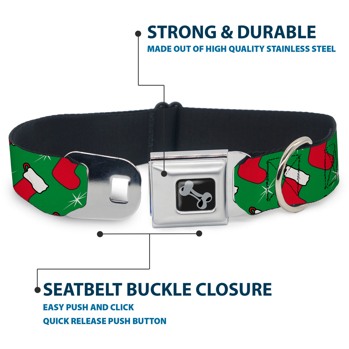 Dog Bone Black/Silver Seatbelt Buckle Collar - Holiday Christmas Stocking and Star Green/WhiteRed Dog Collars Seatbelt Buckle Buckle-Down