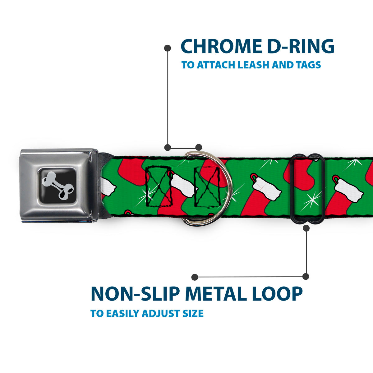 Dog Bone Black/Silver Seatbelt Buckle Collar - Holiday Christmas Stocking and Star Green/WhiteRed Dog Collars Seatbelt Buckle Buckle-Down