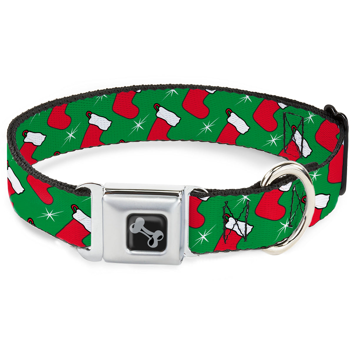Dog Bone Black/Silver Seatbelt Buckle Collar - Holiday Christmas Stocking and Star Green/WhiteRed Dog Collars Seatbelt Buckle Buckle-Down