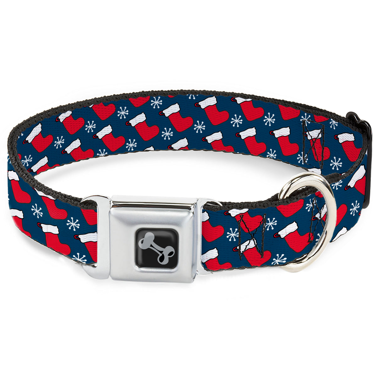 Dog Bone Black/Silver Seatbelt Buckle Collar - Holiday Christmas Stocking and Snowflake Blue/WhiteRed Dog Collars Seatbelt Buckle Buckle-Down