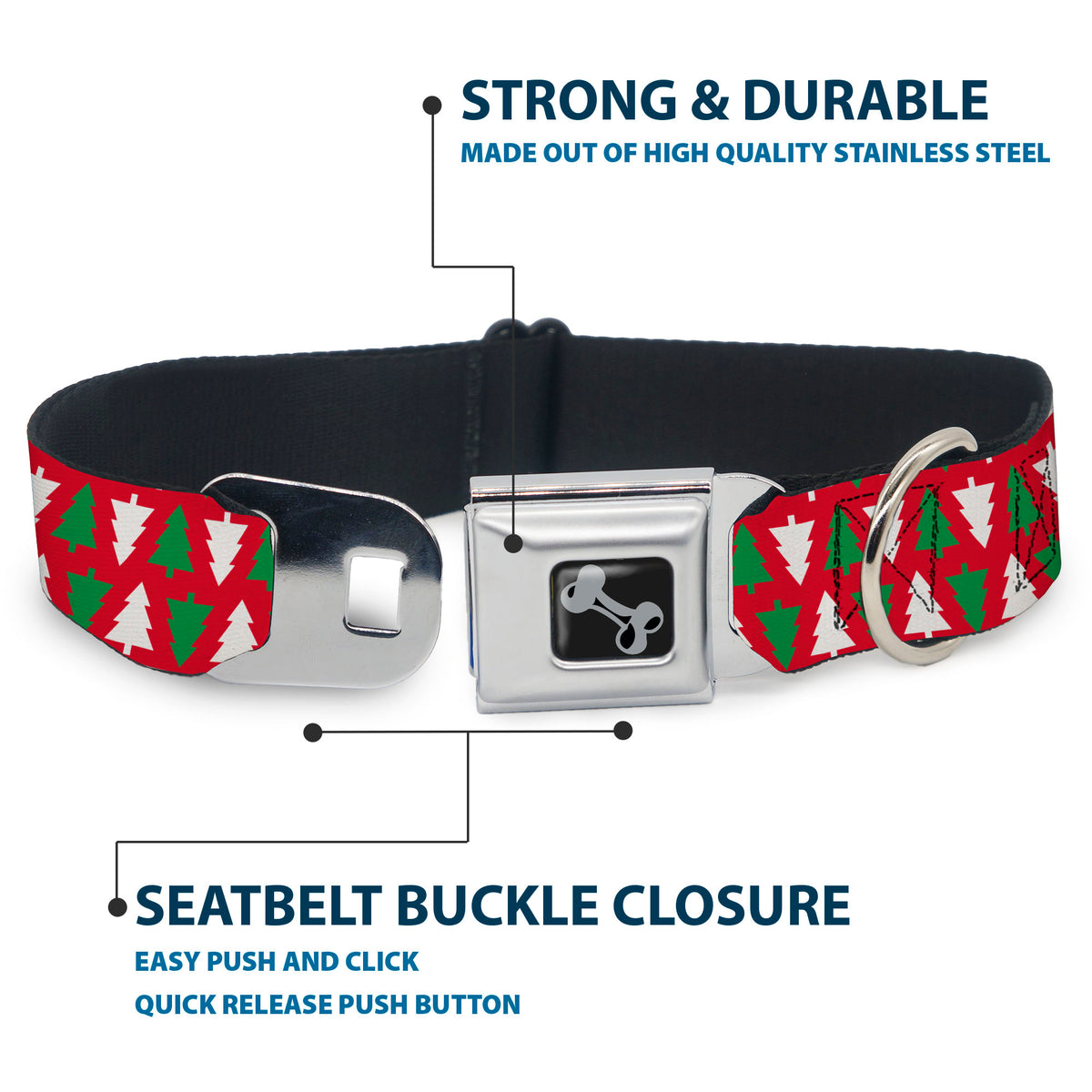 Dog Bone Black/Silver Seatbelt Buckle Collar - Holiday Cookie Cutter Christmas Tree Red/Green/White Dog Collars Seatbelt Buckle Buckle-Down